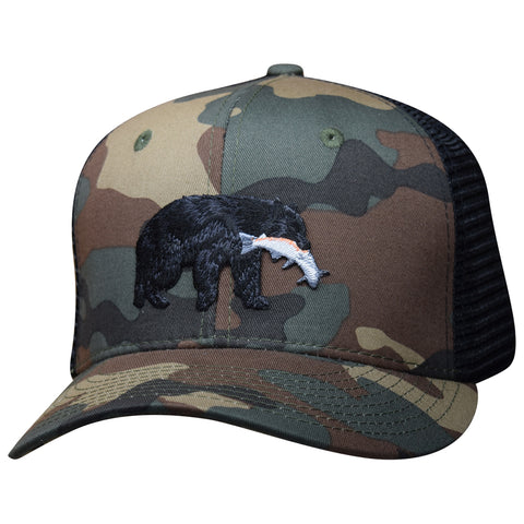 Black Bear & Salmon Snapback Hat - Camo Trucker Cap Camouflage