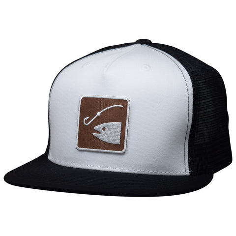 Fishing Trucker Hat - Black & White Fish Fisherman Snapback Cap Recreation Sign
